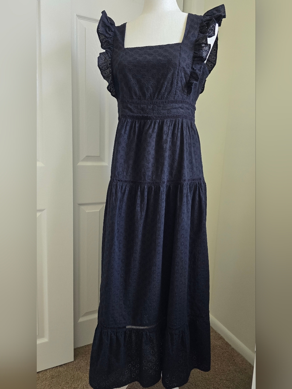Ann Taylor Black Eyelet Maxi Dress with Ruffle Straps, Size 8 - Picture 2 of 10